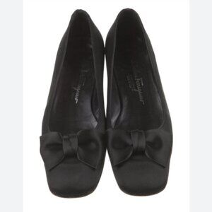 Salvatore Ferragamo Black Gloria Satin Bow Flats Size 7.5 B